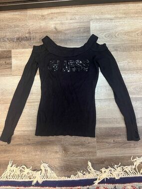Vintage Guess Sequin Logo Cut Out Sweater Top Black Sz S